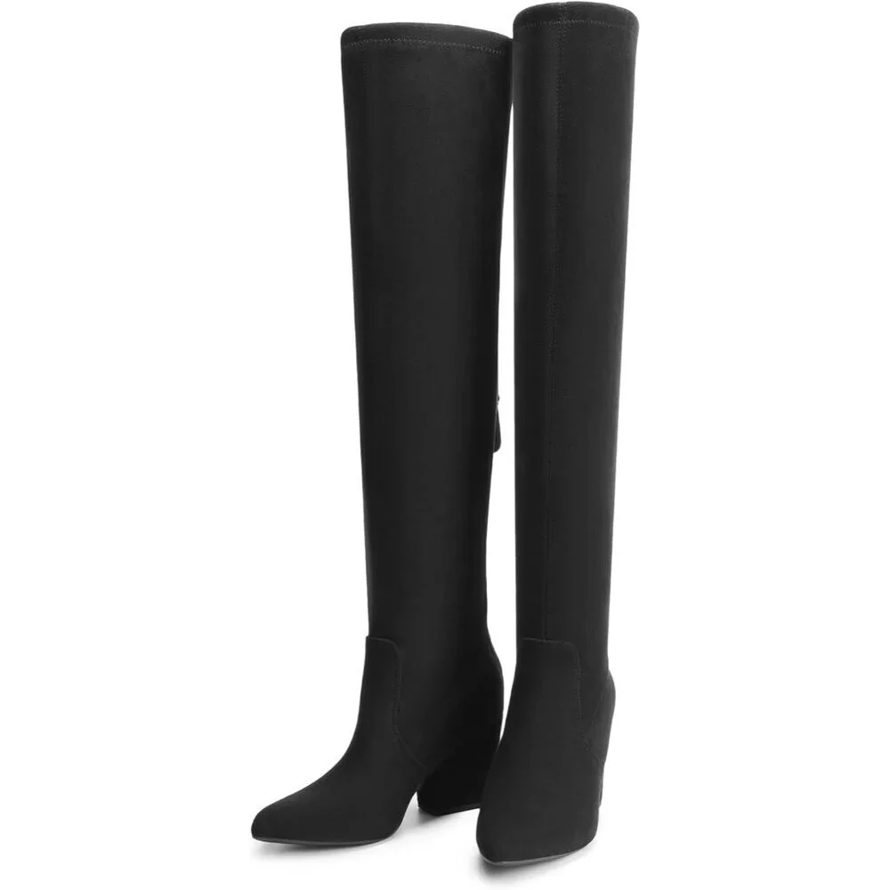 Women's Black-Suede Thigh High Knee Chunky Pointed Toe Long Block Heel Boot